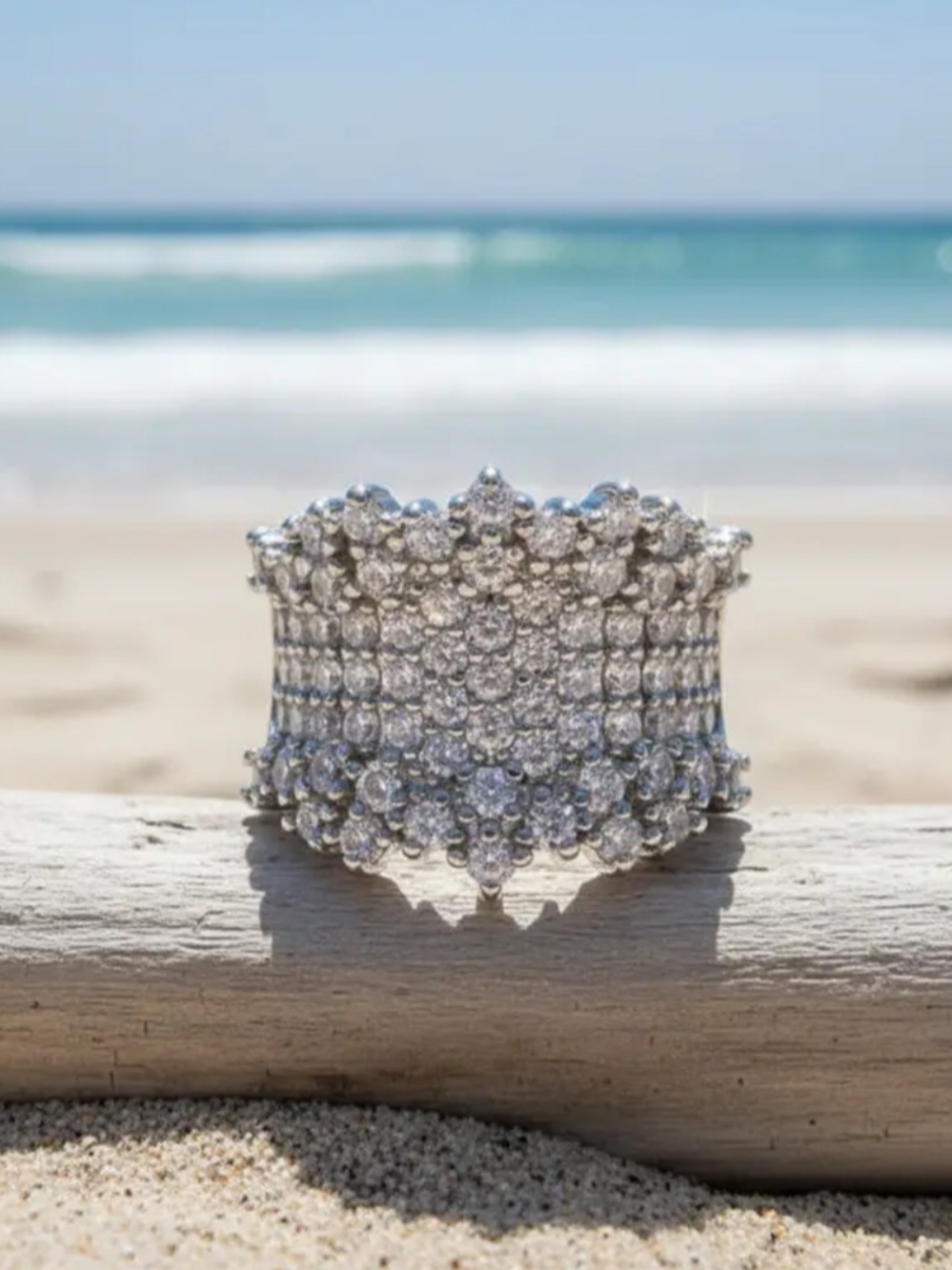 White Rhodium Sapphire pave Cocktail Ring.